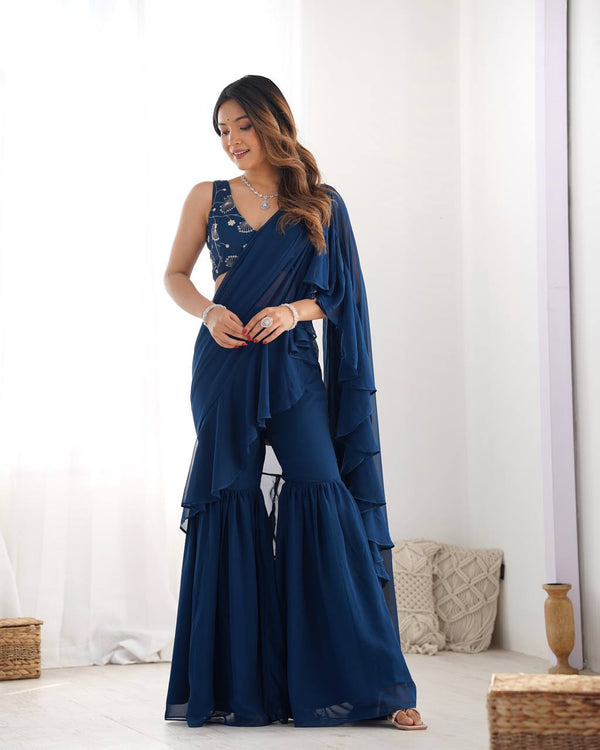 Fusion Wear Teal Blue Color Pure Fox Georgette Fabric,Fancy Work Ready To Wear Saree