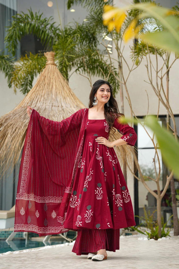 Designer Anarkali Suit is luxury clothing Maslin Considered-RED-[TD-160]