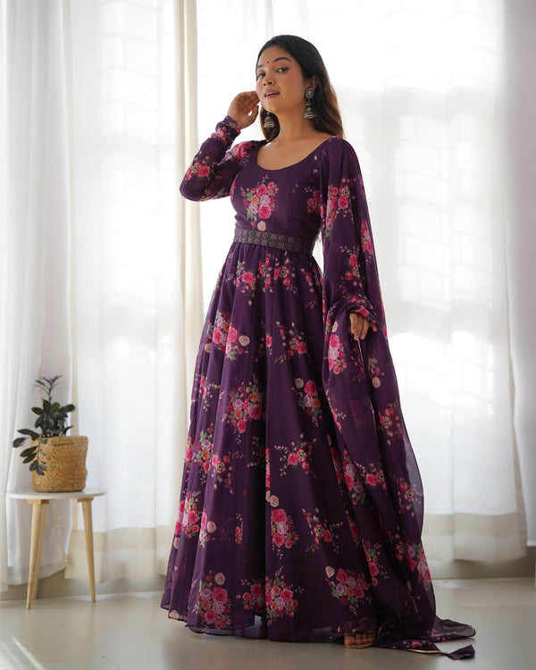 Trendy Organza Silk Wine Color Gown With Dupatta