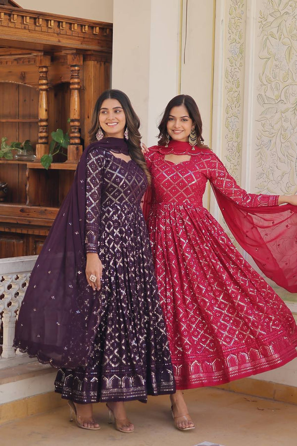 ZAIRA  2 COLOUR RANI & WINE  EMBROIDERED GEORGETTE ANARKALI FULLY STITCHED SUIT SET -TD 124-